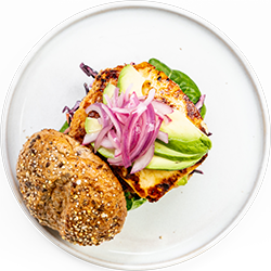 Chorizo Chicken Burgers with Quick Pickle Onions, Haloumi & Red Cabbage Slaw