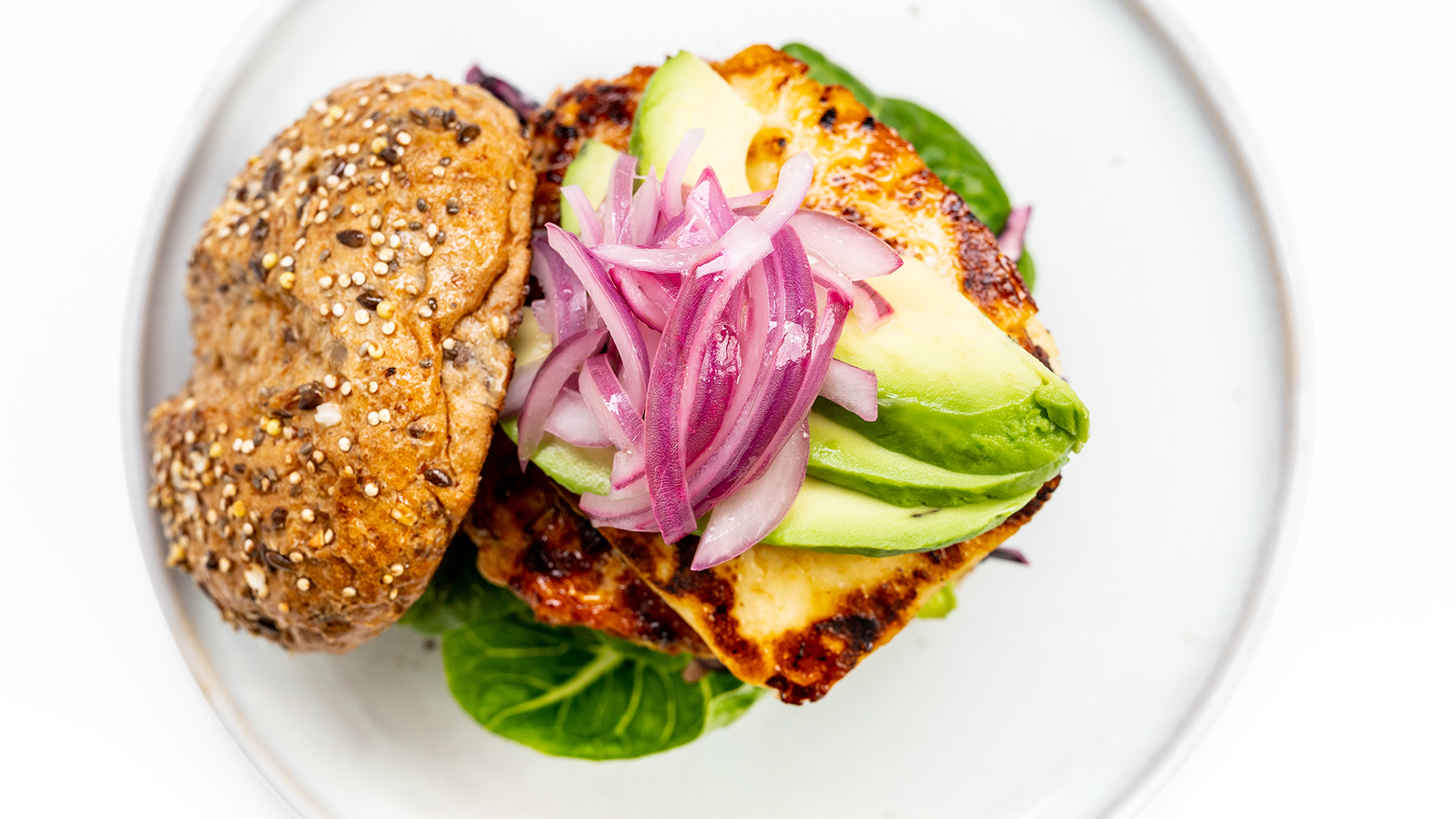 Chorizo Chicken Burgers with Quick Pickle Onions, Haloumi & Red Cabbage Slaw
