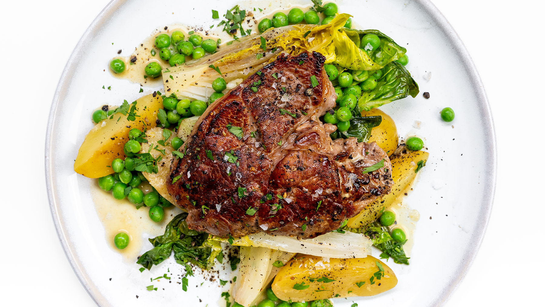 Lamb with Baby Gem, New Potatoes & Peas