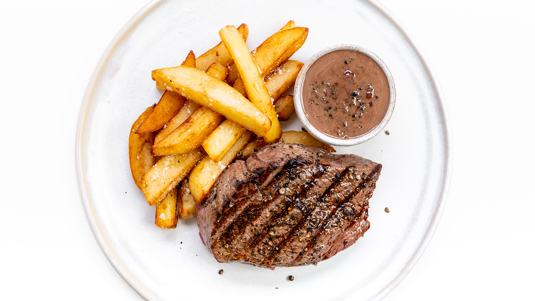 Pan Fry Steak with Chips and Pepper Sauce