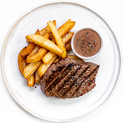 Pan Fry Steak with Chips and Pepper Sauce