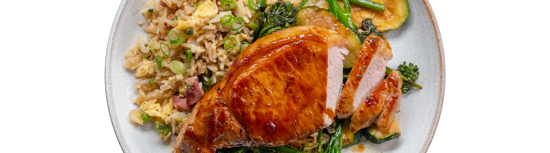 Sticky Pork Chops with Veggies & Bacon Fried Rice