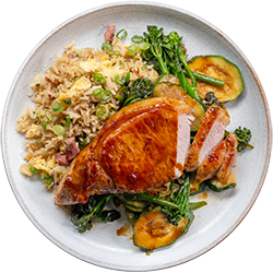 Sticky Pork Chops with Veggies & Bacon Fried Rice