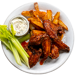 Spicy Buffalo Chicken Wings with Chips & Garlic Dip