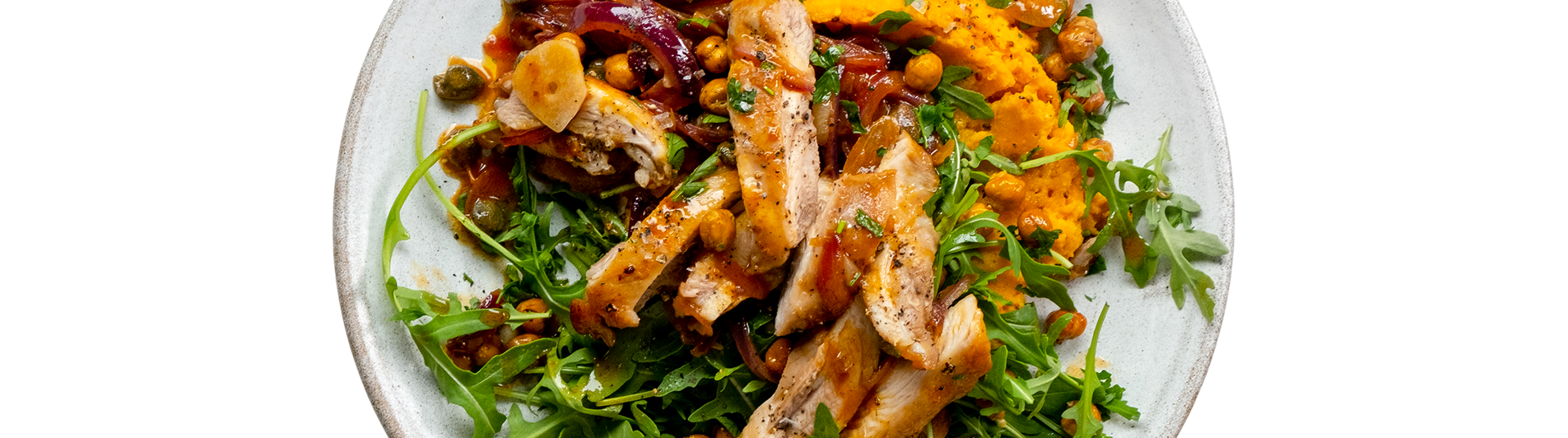 Honey & Mustard Chicken with Sweet Potato Mash, Rocket & Crispy Chickpeas