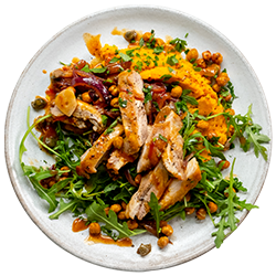 Honey & Mustard Chicken with Sweet Potato Mash, Rocket & Crispy Chickpeas