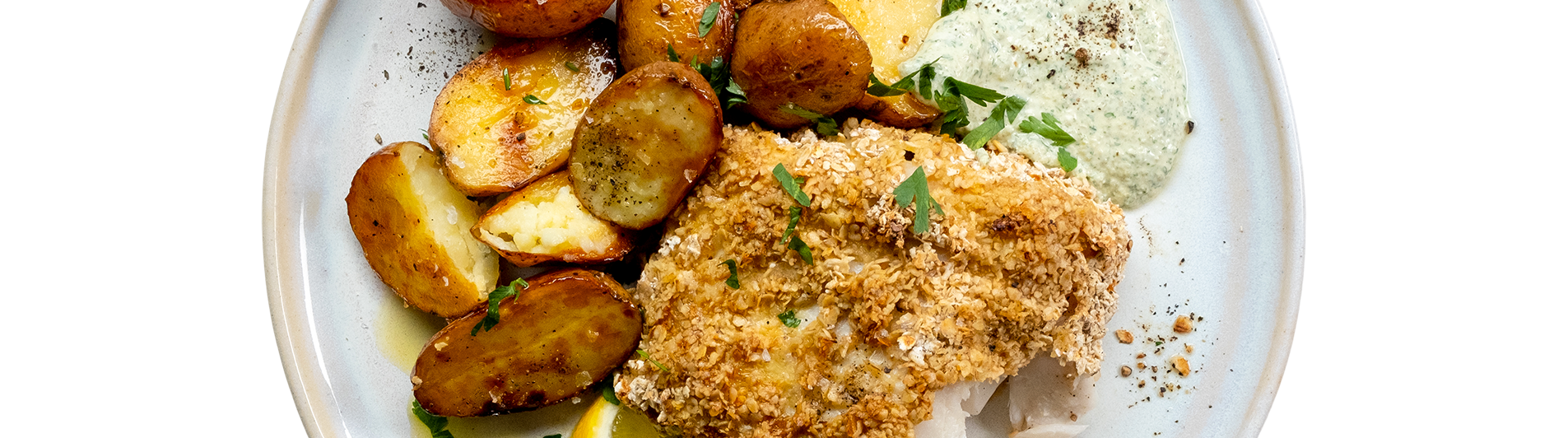 Blitzed Oat Baked Cod & Roast Baby Potatoes