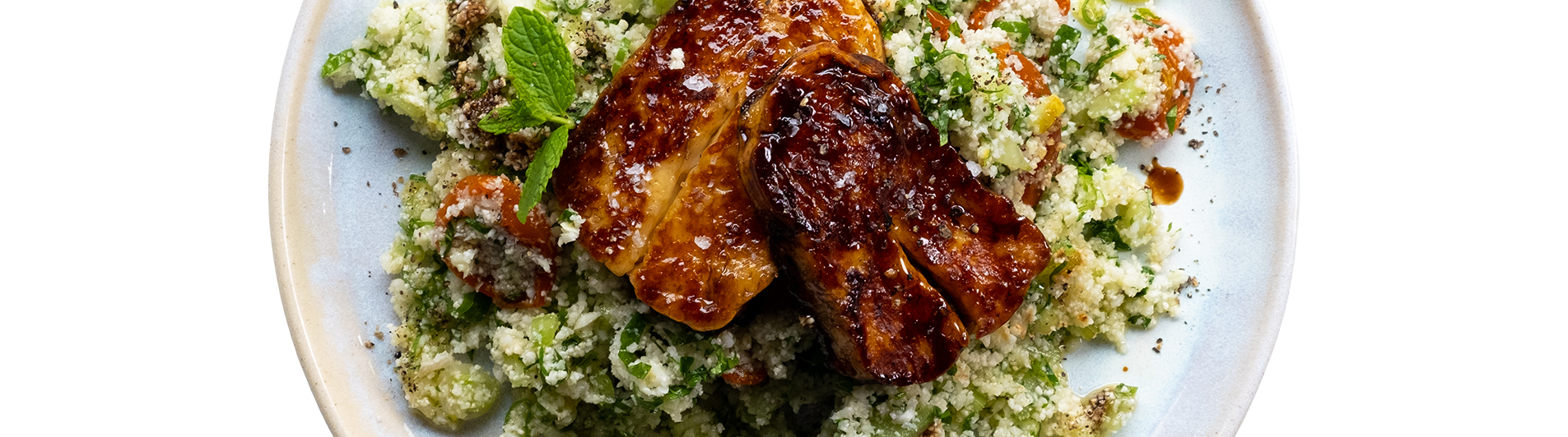 Cauliflower Rice Tabbouleh with Sun-Blushed Tomatoes & Fried Halloumi
