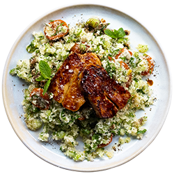Cauliflower Rice Tabbouleh with Sun-Blushed Tomatoes & Fried Halloumi