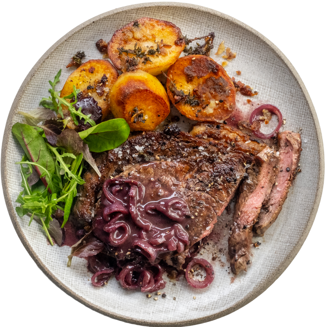 Steak with Red Wine Shallots & Fondant Potatoes